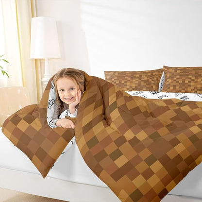 Manfei Pixelated Kids Comforter Set Twin Size,Miners Lattice Games Bedding Set for Teens Adults Bedroom Decor,Abstract Simple Grid Duvet Insert,Brown Quilted Duvet Set with 1 Pillowcase