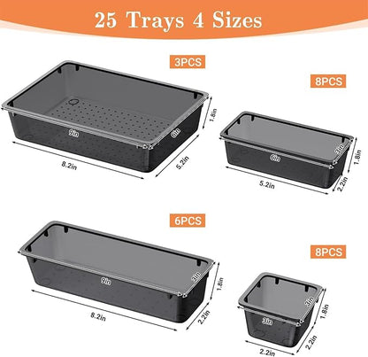SpaceHacks 25 PCS Plastic Drawer Organizer Set, 4-Size Versatile Organizer Tool Trays & storage Bins for Makeup, Jewelry, and Gadgets in Bathroom, Bedroom and Office,Clear Black