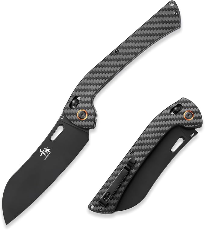 SENBON foldable chef's knife, AUS-8 stainless steel with black titanium plating, carbon fiber handle with back clip, portable outdoor folding Santoku knife