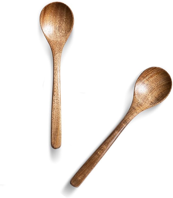 2 PCS Wooden Spoons for Eating, 7 inch Wooden Honey Spoons for Tea, Wood Teaspoons for Stirring Coffee, Acacia Wood Table Spoon for Cooking, Small Serving Spoon for Soup, Desserts & Cereal