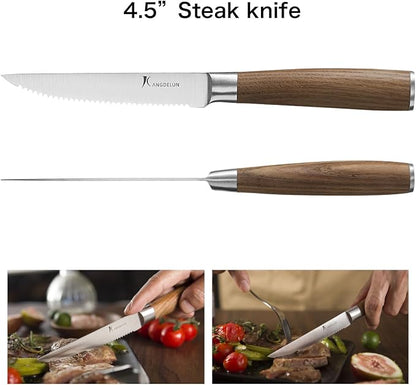 Kangdelun Ultra Sharp 15-Piece Knife Set, 50Cr15MoV High-Carbon Stainless Steel, Torrefied Brown Ash Wood Handles, Angled Dark Brown Wood Block, Easy Hand Wash, Gift Box