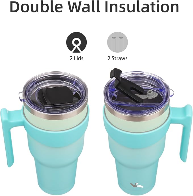 Konokyo 30 oz Tumbler with Handle and 2 Straw 2 Lid, Insulated Water Bottle Stainless Steel Vacuum Cup Reusable Travel Mug, Mint