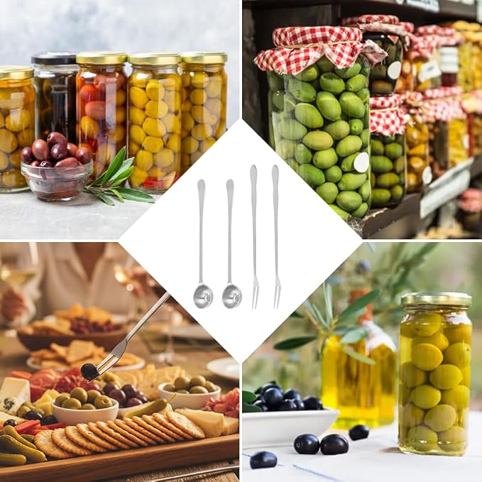 4 Pcs Pickle Fork and Olive Spoon Set, 7.48Inch Olive Spoons with Holes, 8.07Inch Pickle Forks, for the Jar, Suitable for Olives Pickles Onion Cucumber(COLOR:Silver)
