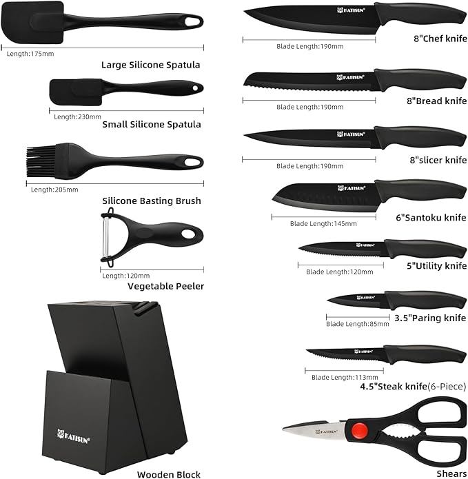 19-Piece Stainless Steel Kitchen Knife Set, Built-in Knife Sharpener, Dishwasher Safe, Ergonomic Non-Slip Handles, 6 Steak Knives, Black