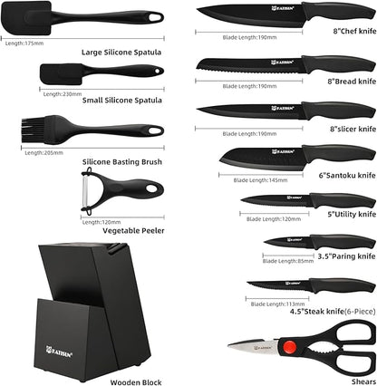 19-Piece Stainless Steel Kitchen Knife Set, Built-in Knife Sharpener, Dishwasher Safe, Ergonomic Non-Slip Handles, 6 Steak Knives, Black