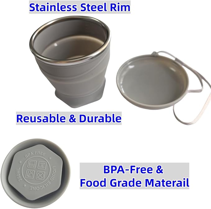Collapsible Cup, 8.8oz 260ml Foldable Travel Mini Coffee Mug, BPA Free Silicone Water Cup and Lid with Stainless Steel Rim, Portable Pocket Cup for Outdoor, Hiking, Camping & Kids (Gray)