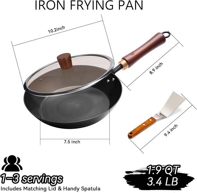WANGYUANJI 10.2" Iron Skillet with Glass Lid & Spatula, Flat-Bottom Hand-Hammered Frying Pan, Uncoated & Unseasoned Small Iron Wok for Induction, Gas & Electric Stoves