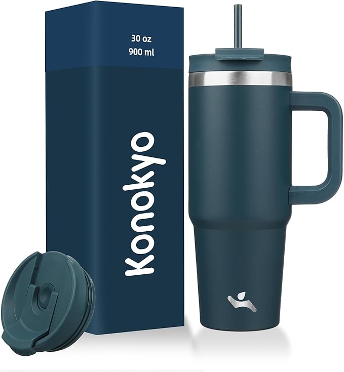 Konokyo 30 oz Tumbler with Handle and 2 Straws,2 in 1 Lid Insulated Water Bottle Stainless Steel Travel Coffee Mug,Navy blue