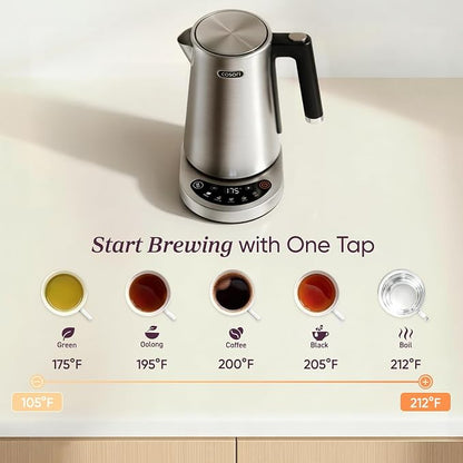Cosori Electric Kettle, Plastic-Free Interior, 5 Presets ±5℉ Temperature Control, Fast Boiling, 2 Lid Opening, 60Min Keep Warm, Stainless Steel Tea Kettle for Tea, Hot Water, Boil Water, Coffee, 1.7L