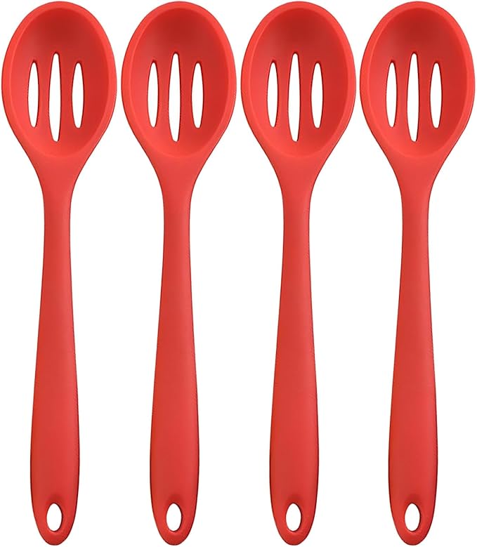 Linwnil 4 Pieces Silicone Slotted Spoons,10.6 Inch Nonstick Mixing Serving Spoons for Kitchen Cooking Bake Stir Draining Tool (4, Red)