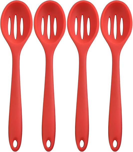 Linwnil 4 Pieces Silicone Slotted Spoons,10.6 Inch Nonstick Mixing Serving Spoons for Kitchen Cooking Bake Stir Draining Tool (4, Red)