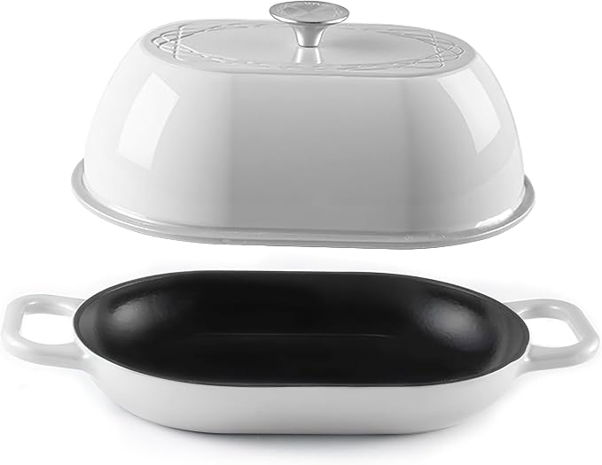 Krustic Enameled Cast Iron Dutch Oven for Professional Sourdough Bread Baking | 5.5 Quart Loaf Size Oval Cookware Pot with Lid | Triple-Layer Enamel Coating Pan with Non Stick Silicone Mat | White