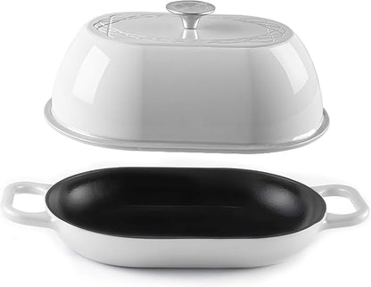 Krustic Enameled Cast Iron Dutch Oven for Professional Sourdough Bread Baking | 5.5 Quart Loaf Size Oval Cookware Pot with Lid | Triple-Layer Enamel Coating Pan with Non Stick Silicone Mat | White