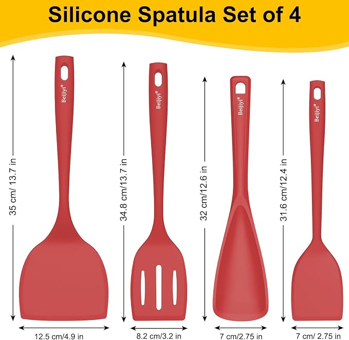 Beijiyi 4 Pack Silicone Spatula Set, High Heat Resistant, For Non-Stick Pan | Food Grade, BPA Free, Scratch-Free, Non-Toxic Kitchen Utensils, Turner Flipper for Cooking, Flipping, Dishwasher Safe