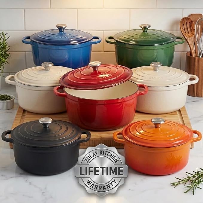 Zulay Kitchen 6.4QT Enameled Cast Iron Dutch Oven Pot with Lid, Heat Pad & Trivet, Heavy-Duty Soup Pot for Stews, Braising, Roasting & Sourdough Bread Baking, Oven Safe up to 500°F - Ablaze Red