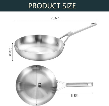 Yeksum Tri-Ply Fully Bonded Stainless Steel 12Inch Frying Pan With Lid, Up to 600℉ Full Clad, Large Cooking Surface for Searing, Induction Ready, Dishwasher and Oven Safe