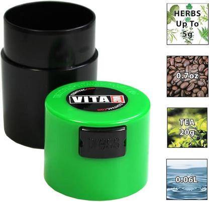 Tightpac Vitavac - 5g to 20 grams Airtight Multi-Use Vacuum Seal Portable Storage Container for Dry Goods, Food, and Herbs - Green Black