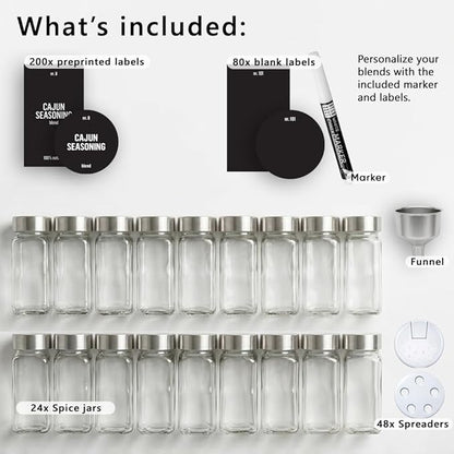 Deco haus Glass Spice Jars with Label 24 x 4oz [LABELS incl] Spice Containers with 280 Labels, Shaker Lids, Funnel & Chalk Marker - Empty Herb Seasoning Containers, Small Seasoning Bottles for Herb