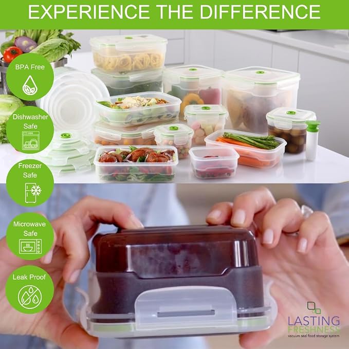Lasting Freshness 11 piece Vacuum Seal Food Storage Containers with Vacuum Pump, Airtight and Leak Proof, Vacuum Sealed Food Storage Containers, Meal Prep Containers, Keep Food Fresh up to 5 X Longer