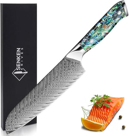 SENKEN Damascus Steel 7" Japanese Santoku Knife with Real Deep-Sea Abalone Shell Handle - Umi Collection - 67-Layer Japanese VG10 Forged Steel Blade, Integrated Full-Tang Molding (7" Santoku Knife)