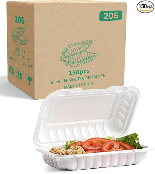 YANGRUI 150-Pack 28oz 9x6 Rectangular Hinged Container - Mineral-Filled PP | Clean Packed Ready to Use | Heavy Duty Meal Prep & Takeout Boxes | Microwave Safe for Sandwiches, Leftovers & Catering
