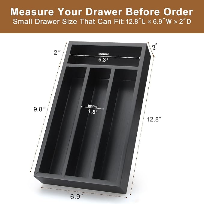 Ayiaren Wooden Silverware Drawer Organizer Tray Small Kitchen Utensil Holder for Drawer Narrow Flatware Organizers Divider Black Wood Cutlery Trays Bamboo Utensil Organizer Spoon and Fork Holder Tray