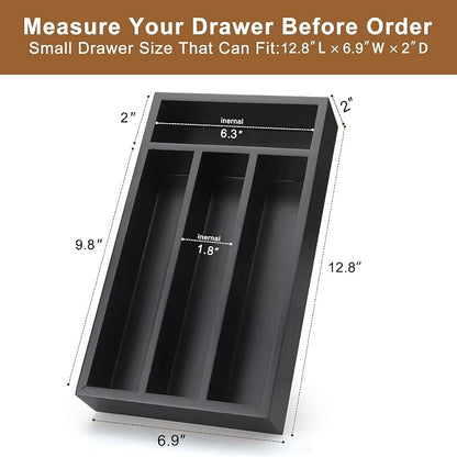 Ayiaren Wooden Silverware Drawer Organizer Tray Small Kitchen Utensil Holder for Drawer Narrow Flatware Organizers Divider Black Wood Cutlery Trays Bamboo Utensil Organizer Spoon and Fork Holder Tray