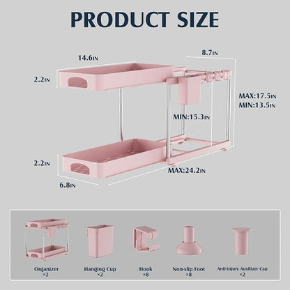 VERIFOST Under Sink Organizer, 2 Pack Kitchen and Bathroom Cabinet Organizer, 2 Tier Adjustable Height Storage, Pink