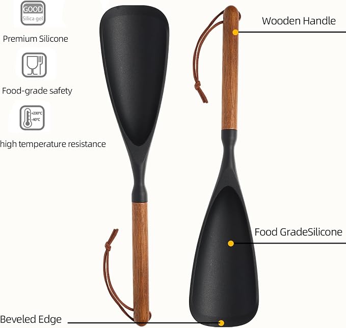 Multifunction Silicone Spatula Cooking Spoon for Nonstick Cookware, Wooden Handle Spatula Spoon for Mixing Serving Scraping, Heat Resistant BPA-Free Kitchen Spoon