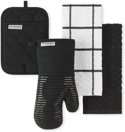KitchenAid Quilted Cotton Terry Cloth Oven Mitt, Pot Holder, Kitchen Towel 4-Pack Set, Heat Resistant, Silicone Grip, Gift Set, Matte Black, 16"x26", 7"x13" & 7"x10"