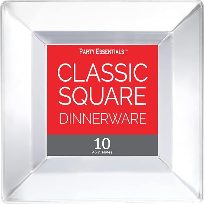 Party Essentials 10-Count Hard Plastic 9.5" Classic Square Lunch/Dinner Plates, Clear