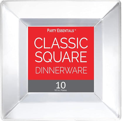 Party Essentials 10-Count Hard Plastic 9.5" Classic Square Lunch/Dinner Plates, Clear