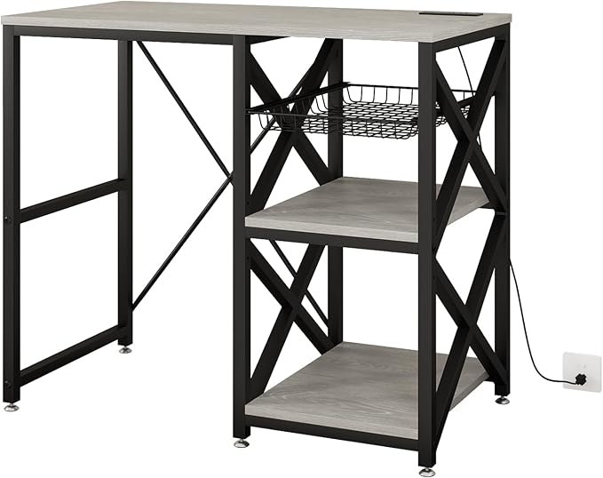 METYERRY Kitchen Bakers Rack with Power Outlet,Mini Fridge Cabinet with Mesh Basket, Mini Fridge and Microwave Table with Storage for Office,Kitchen,Living Room,Coffee Bar,Patio,Greige