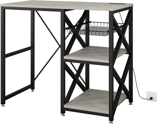METYERRY Kitchen Bakers Rack with Power Outlet,Mini Fridge Cabinet with Mesh Basket, Mini Fridge and Microwave Table with Storage for Office,Kitchen,Living Room,Coffee Bar,Patio,Greige