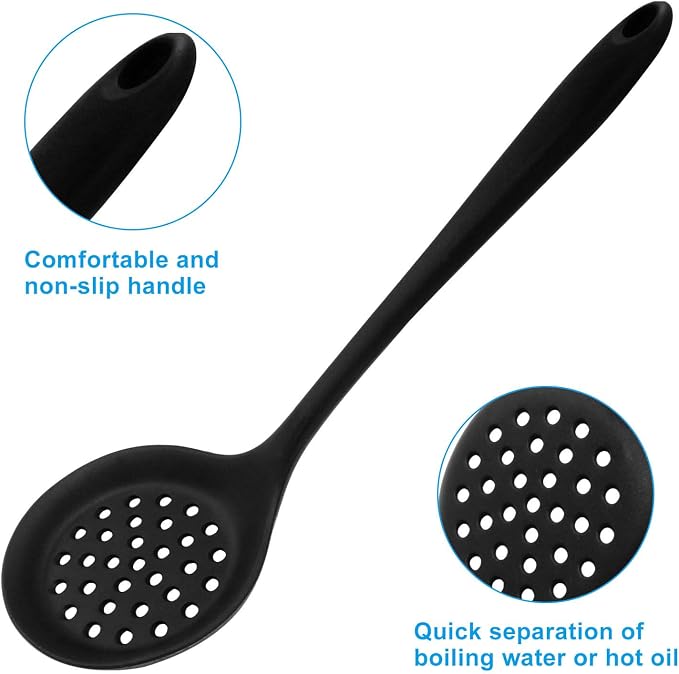 Hordion 1 Pcs Silicone Slotted Spoon, Black Strainer Spoon Non Stick Silicone Skimmer Heat Resistant Cooking Spoon