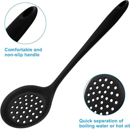 Hordion 1 Pcs Silicone Slotted Spoon, Black Strainer Spoon Non Stick Silicone Skimmer Heat Resistant Cooking Spoon