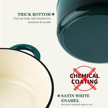 Overmont Enameled Cast Iron Dutch Oven - 7QT Pot with Lid Cookbook & Cotton Potholders - Heavy-Duty Cookware for Braising, Stews, Roasting, Sourdough Baking bottle green