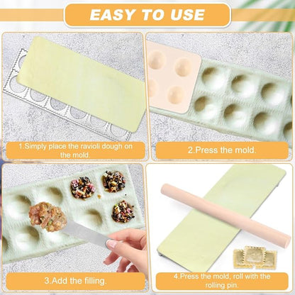 Ravioli Press Mold Set, 12 Holes Ravioli Maker Press,1 x Pasta Cutter Stamp Maker, 1xWood Rolling Pin Pasta Making Tools,1x Filling Spoon,for Ravioli, Dumpling,Hand Pie