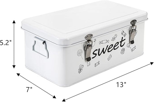 Frcctre Candy Storage Box, 4 Compartments Metal Candy Cookies Snacks Storage Tin Box with Lid Food Storage Container Farmhouse Kitchen Pantry Canister with Handle and Safety Lock