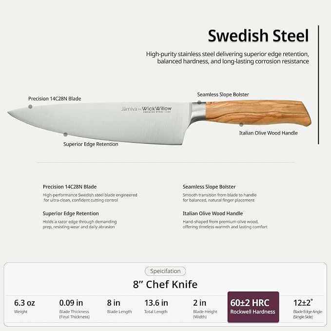 WICKWILLOW 8 Inch Chef Knife - Swedish Steel 14C28N with Italian Olive Wood Handle - Professional Kitchen Knife for Culinary Enthusiasts - Meat, Vegetables & Daily Prep - Gift Box - Jarniva Series