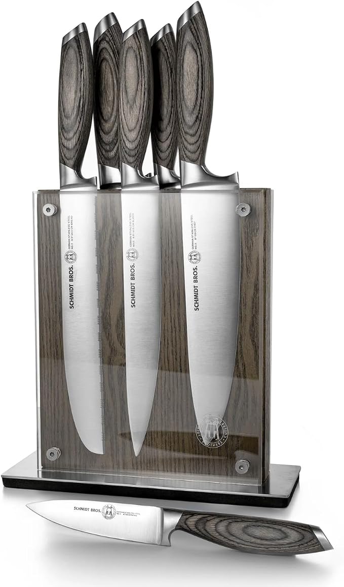 Schmidt Brothers - Bonded Ash 7-Piece Kitchen Knife Set, High-Carbon German Stainless Steel Cutlery, Ash Finish Wood Handles and Clear Acrylic Magnetic Knife Block