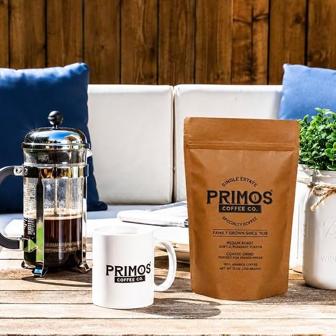 Primos French Press Coffee, Smooth, Dark Roast, Coarse Grind, 2 Bags | Coarsely ground for balance without bitterness; bold low acid flavor, fruit & cacao notes; from our Nicaraguan family farm