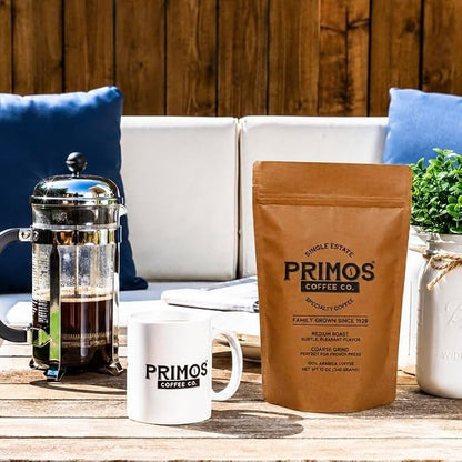 Primos French Press Coffee, Smooth, Dark Roast, Coarse Grind, 2 Bags | Coarsely ground for balance without bitterness; bold low acid flavor, fruit & cacao notes; from our Nicaraguan family farm