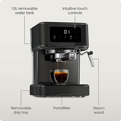 Chefman CraftBrew Espresso Machine, 15-Bar Pump Digital Espresso Maker w/Steam Wand for Latte & Cappuccino, Compact Espresso Coffee Machine w/ 1.5L Removable Water Reservoir - Stainless Black