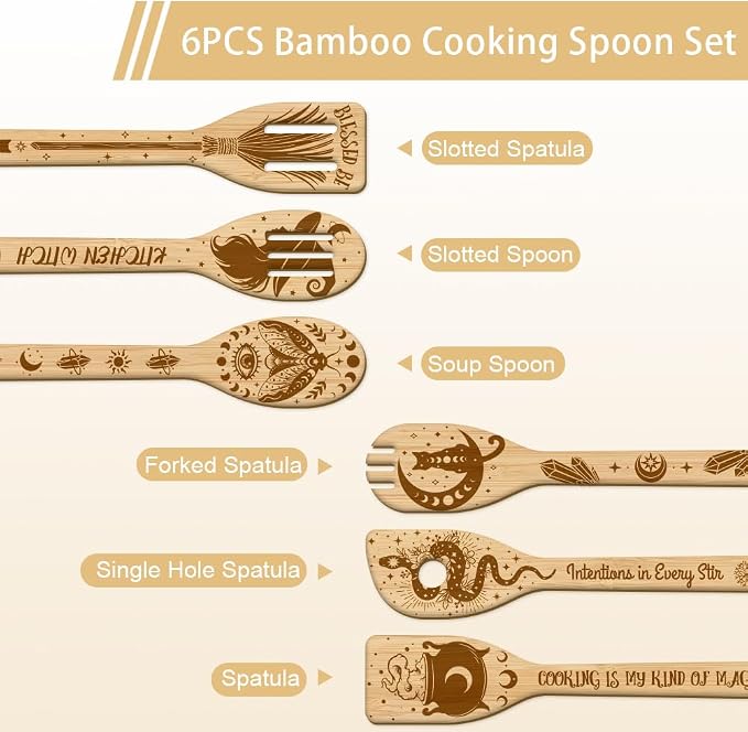 GLOBLELAND 6 Pcs Witchcraft Wooden Spoons Utensil Set Divination Bamboo Carving Kitchen Cooking Utensils Magic Wooden Engraved Cooking Spatula Set for Kitchen Fun House Warming Gift