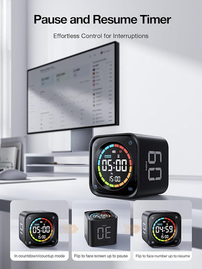 TK3 Pomodoro Timer Cube, Desk Productivity Timer with 5/10/30/60 Min Presets, Custom Countdown, Stopwatch, Clock, 3 Alarm, Silent, Vibrate & Sound Alert, for Task, ADHD, Study, Kitchen, Black