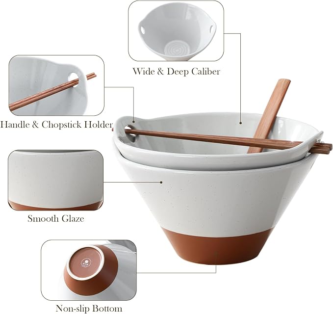 MALACASA 42 oz Ceramic Ramen Bowl Set with Wooden Spoon & Chopsticks, Japanese Style Soup Bowls for Ramen, Pho, Noodles – Set of 2, Microwave & Dishwasher Safe, Series TARA (Gray and Khaki)