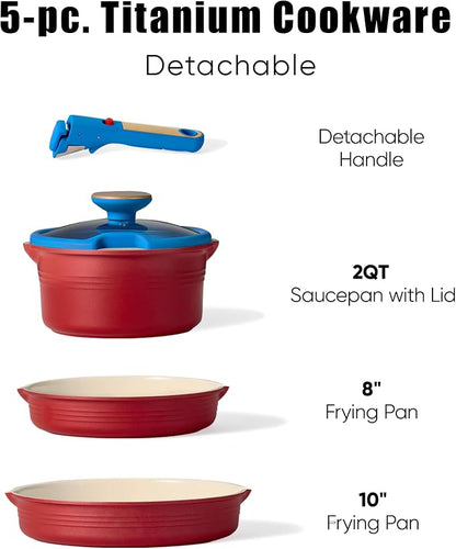 CAROTE 5Pcs Titanium Cookware Set, Pots and Pans Set Non Stick, Kitchen Cooking Set with Detachable Handle, Non Toxic Induction Cookware, Dishwasher/Oven Safe，Memphis Design