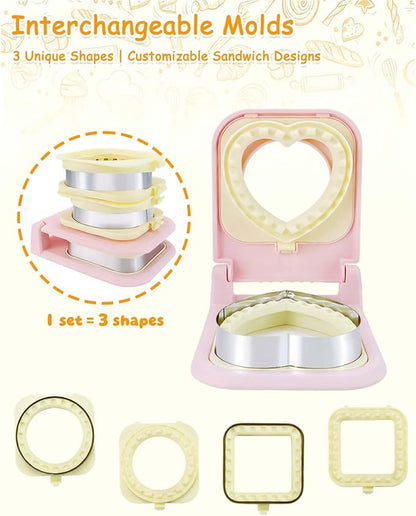 3-in-1 Uncrustable Sandwich Maker - Heart/Circle/Square Crustless Sandwich Cutter & Sealer for Kids' Lunch, Breakfast & Lunchboxes | BPA-Free Uncrustable Press, Easy Clean (3-Shape Pink)