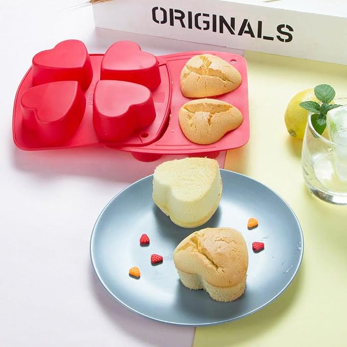 Webake Silicone Heart Mold 2.75" Heart Shaped Cake Pans, 4-Cavity Air Fryer Baking Pan Muffin Cupcake Mold for Baking, Soap, Egg Bites 2 Pack